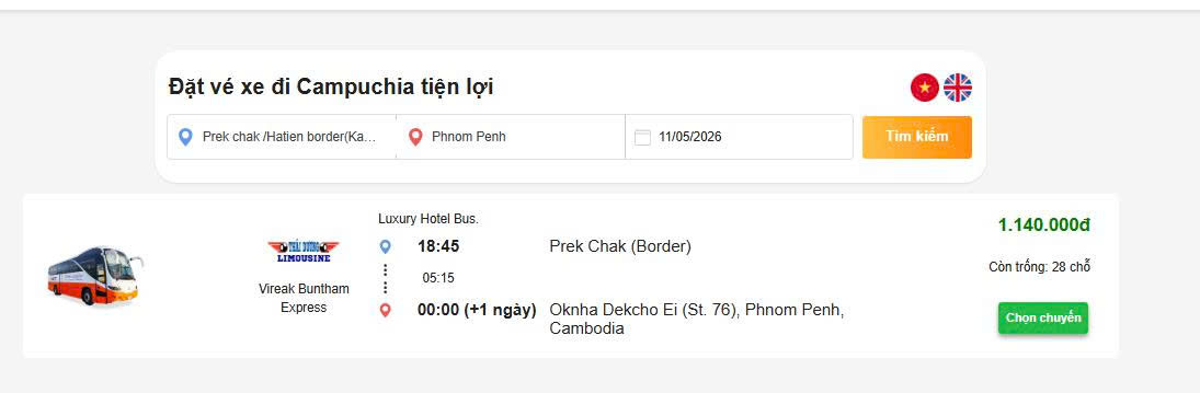 Xe Thái Dương Hà Tiên Phnom Penh 2026